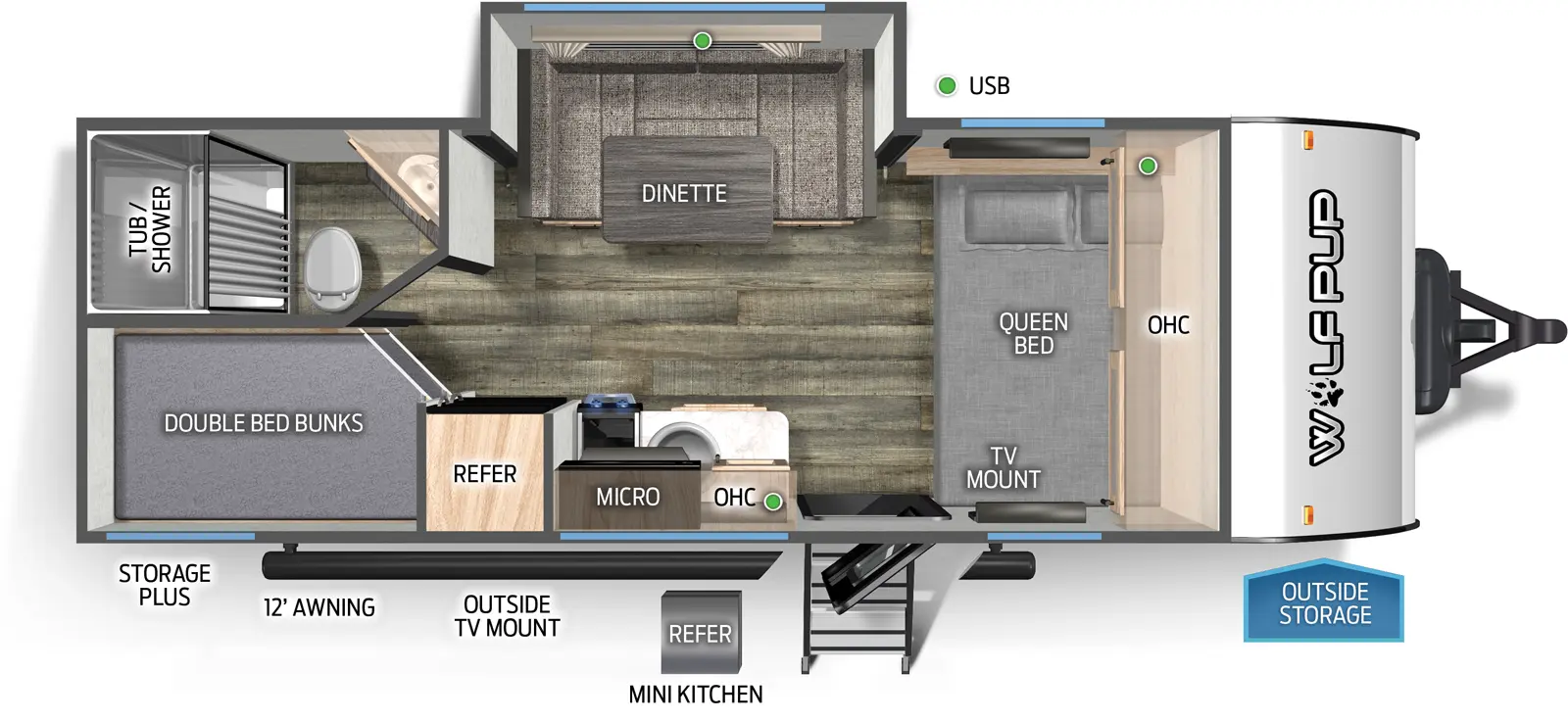 The 17JW has one slideout and one entry. Exterior features front outside storage, rear storage plus, outside TV mount, mini kitchen with refrigerator, and a 12 foot awning. Interior layout front to back: side-facing queen bed with overhead cabinet, and TV mount on door side wall; off-door side dinette slideout; door side entry, kitchen counter with sink, cooktop, overhead cabinet, microwave, and refrigerator; rear off-door side full bathroom; rear door side double bed bunks.